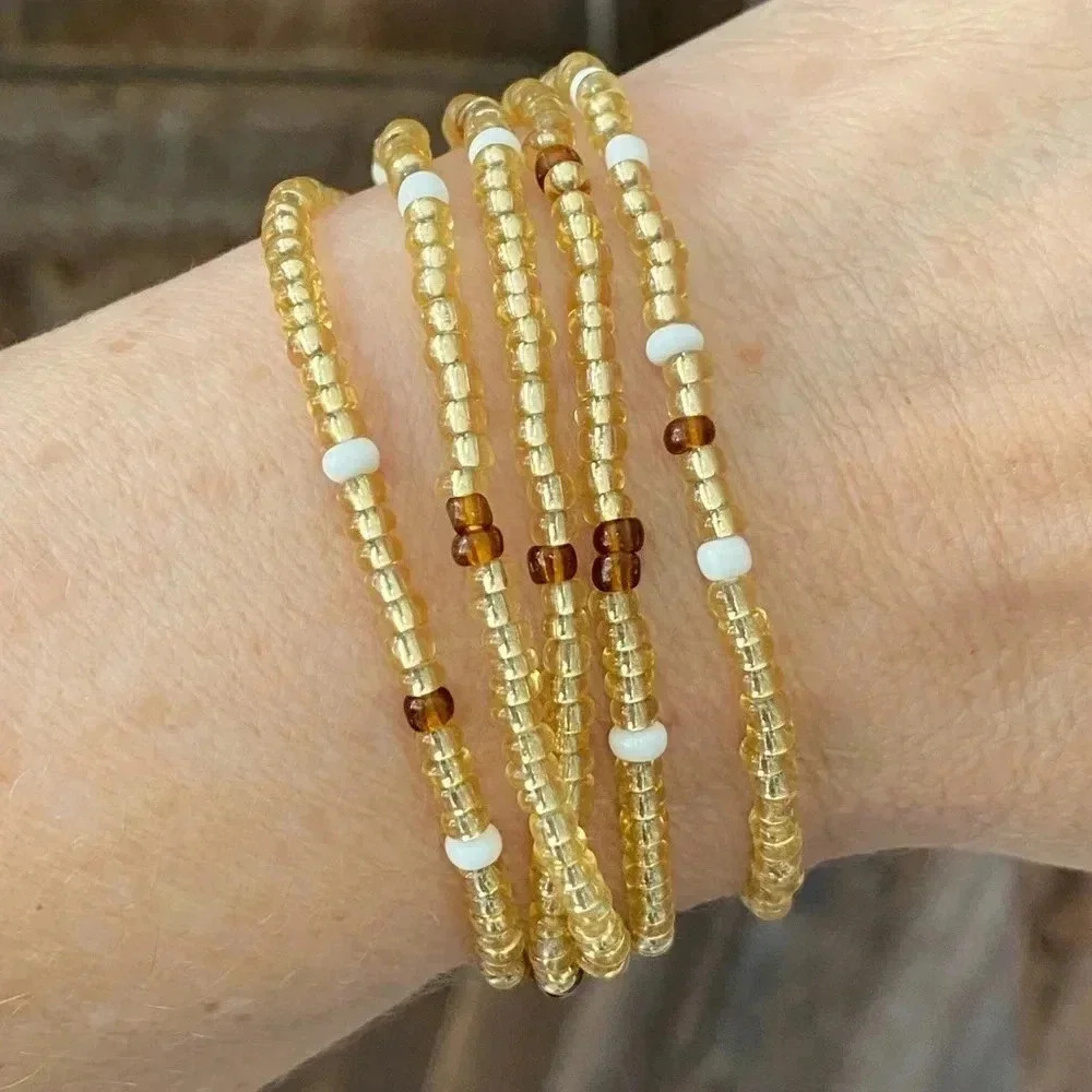 Brown White & Gold Africa Style Seed Bead Waist Beads Stretch Bracelet